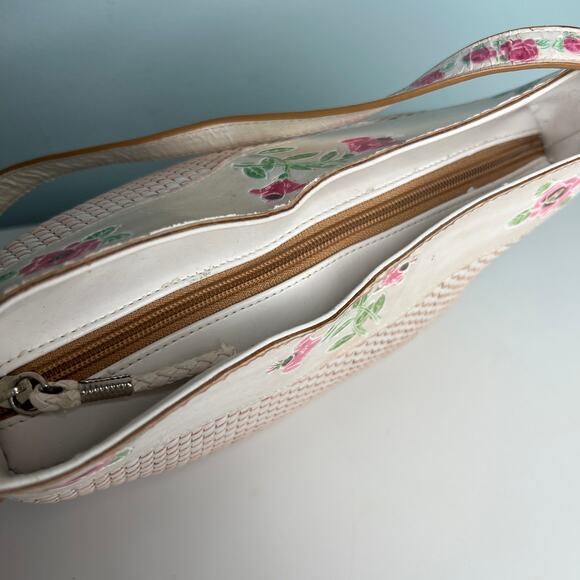 Cee Klein Purse Ivory Leather Basketweave Shoulder Bag Embossed Pink Roses - Picture 9 of 13